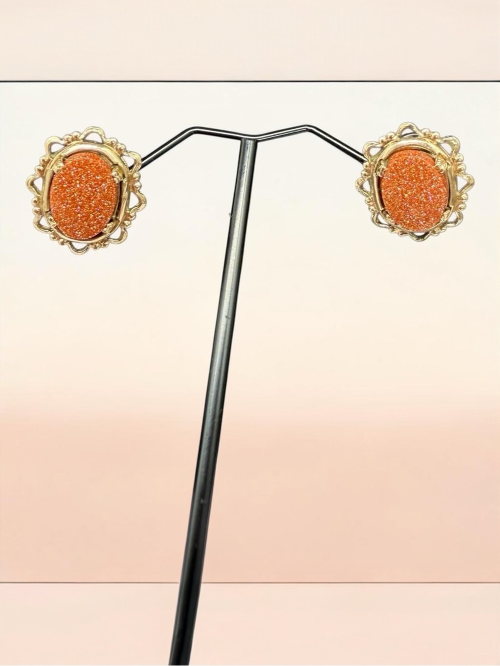 Vintage Goldstone Filigree Gold Tone Screw Back Earrings Boho-Chic Celestial